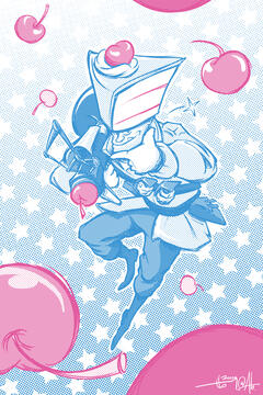 Digital art by TB (tangentburd) in a blue and pink halftone style of TF2 Soldier in a big cake hat with his rocket launcher. He poses with finger guns on one hand and his tongue sticking out cheekily. Stars fill the background while cherries rain down.