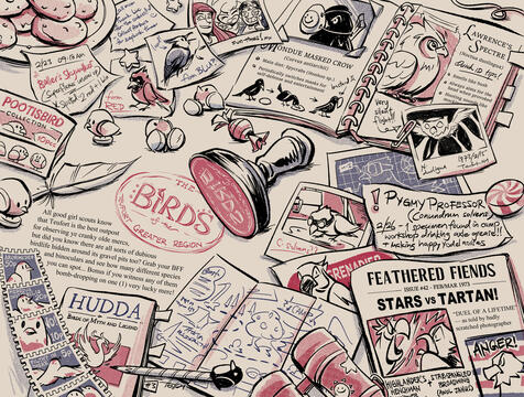 Digital illustration by TB (tangentburd) of a tabletop full of camping gear and TF2 bird-related references, such as field guides, maps, photos, sketches and toys. In the centre is an ink stamp that reads "The Birds of the Greater Teufort Region".