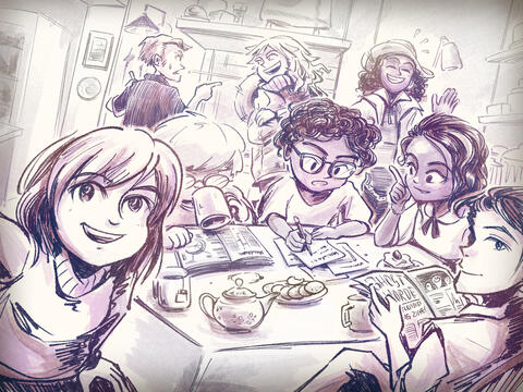 Digital art by TB of Lockwood & Co. characters in a kitchen. Lucy holds out her arm as if taking a group photo. Lockwood reads a magazine and smiles. Cubbins, Karim and Holly are chatting. In the back, Kipps and Book Flo bicker; Show Flo grins and waves.