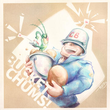 Digital art of BLU Soldier from TF2 and Plankton from SpongeBob Squarepants. Soldier wears a bucket hat with the letters 'CB' and a receiving antenna. Plankton holds a finger to the button of a transmitting device, looking at Soldier with an evil smile.