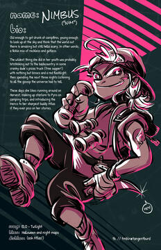 Digital illustration by TB of TF2 female Scout OC Nimbus. She has white hair in a ponytail and cap, a cheeky grin and stars in her eyes. She is dressed in camping gear with a torchlight, binoculars and hunting knife, and a tattoo of a winged shoe emblem.