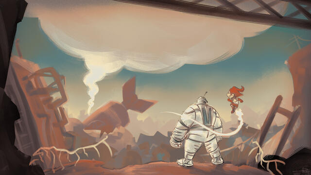 Digital wallpaper by TB (tangentburd) of Big Guy (big white robot) and Rusty (small flying robot with red hair). They stand on a derelict building, looking out at a half-buried nuclear missile with smoke rising from it, in a post-apocalyptic landscape.