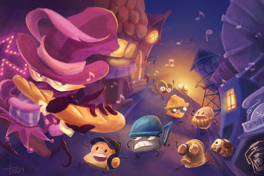 Digital illustration by TB (tangentburd) of TF2 Spy as Pied Piper, playing a baguette like a pipe and leading the other TF2 mercenaries, who take the form of different types of bread, down a fantasy street. In the corner, a bread monster in a jar smirks.