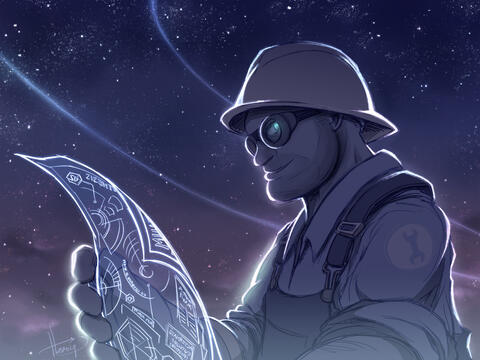Digital illustration by TB (tangentburd) of TF2 BLU Engineer, backlit against a glowing night sky full of stars. His eyes are glowing green and looking at the camera. His gloved hand holds an illuminated, translucent blueprint with complicated diagrams.