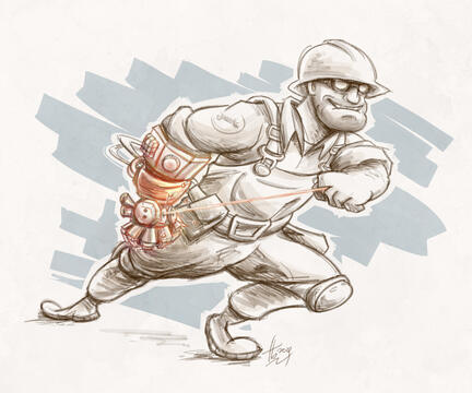 Digital illustration by TB (tangentburd) of TF2 Engineer in a battle pose with his Gunslinger robot arm. He grins while pulling a cord attached to the Gunslinger, which glows red menacingly.