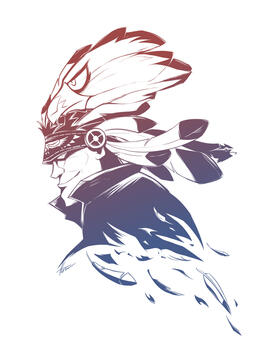 Digital illustration by TB (tangentburd) of TF2 Soldier wearing the Chieftain's Challenge (native American war bonnet), and a confident grin, as his body trails away as feathers. Different birds are half-hidden in the linework: bald eagle, canary, dove.