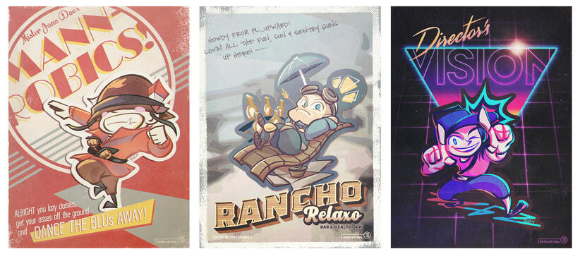 Vintage-style digital posters based on the 3 sticker designs created for the DAD Stickerpack project. Features RED Soldier in a Mannrobics dance, BLU Engineer in the Rancho Relaxo taunt, and RED Scout in a Director's Vision taunt pose.