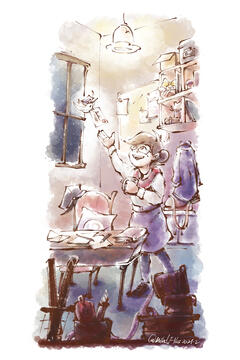 Digital art of a TF2 original character. A young woman in glasses and uniform stands in her office filled with papers, boxes and warm light. Her arm reaches up towards a dove flying in from the window with a postcard. It is night-time and snowing outside.