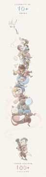 Digital illustration by TB (tangentburd) of the TF2 mercenaries stacked vertically. Heavy is at the bottom of the pile; Scout at the top reaches for a dove with a gold medal in beak. All of them are hovering and supported in Medic's medigun beam.