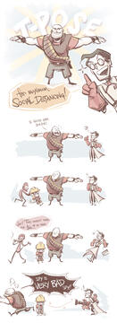 Comic by TB (tangentburd) of TF2 Heavy using T-pose for Covid-19 social distancing. Spy pushes in Engineer until he is right next to Heavy, mocking his lack of height. Heavy chases Spy angrily as Engineer weeps and Medic heals him with the medigun.