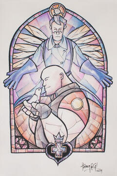 A stained glass-style watercolour artwork by TB (tangentburd) of TF2 Medic and Heavy. Medic has eyes closed, arms outstretched and dove wings behind him. In the foreground, Heavy holds in his hands an injured dove; its beak touches his nose in gratitude.