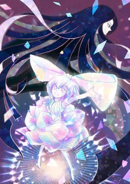 Digital illustration by TB (tangentburd) of Diamond from Houseki no Kuni (Land of the Lustrous), singing in a lotus-like costume on a kaleidoscopic stage. In the background is Bort with their long dark hair surrounding Diamond, as though embracing them.