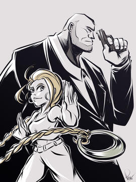 Digital illustration by TB (tangentburd) of Butler and Juliet from Artemis Fowl. Butler is in a suit with a stern face and a small handgun raised. Juliet's arms are raised and ready for a fight, with her signature plaited hair with jade ring visible.
