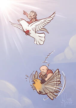 Digital illustration by TB (tangentburd) of TF2 Medic and Heavy in chibi style riding birds. Medic points ahead with a determined look as his dove flies up. Heavy panics as his robin flaps frantically while dipping. Background is a blue sky with clouds.