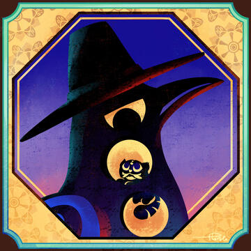 Digital illustration by TB of KPDH Sussie in a dancheong style frame. The top of its three yellow eyes is and looking down at the centre eye where Derpy's silhouette is smiling. Derpy's dangling hind legs and tail are visible in the bottom eye.