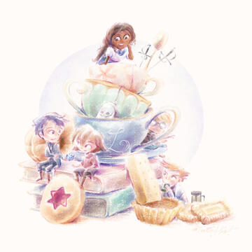 Digital art by TB of Lockwood & Co. characters as tiny people among giant teacups, books and snacks, drawn in soft pastel colours. Holly Munro, George Cubbins and Quill Kipps are looking at Anthony Lockwood giving a gift to Lucy Carlyle. Both are smiling.