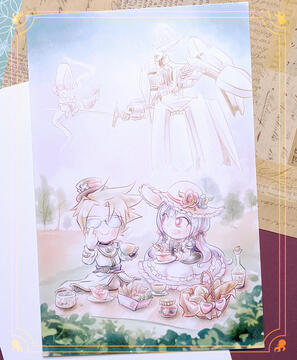 Photo by TB (tangentburd) of a postcard designed for the "Re:Voir" Shaman King Zine. Postcard features the characters Marco Lasso and Iron Maiden Jeanne having a picnic, with their spirit partners Shamash and Gabriel having tea in the background.