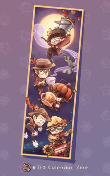 Promo image by TB (tangentburd) of a bookmark design for the TF2021 calendar zine. Featuring an autumn-themed illustration of RED team's Soldier, Sniper, Demoman, Scout and Engineer with apples, maple leaves, pumpkins, squirrels, bunnies, sunflowers and wh