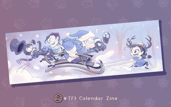 Promo image by TB (tangentburd) of a bookmark design for the TF2021 calendar zine. Featuring a winter-themed illustration of BLU team's Spy, Medic, Heavy and Pyro riding a sled, with Miss Pauling pulling them along in a snowy background.