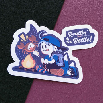 Photo by TB (tangentburd) of a female Scout OC sticker design for the TF2 Gorl Scout Field Guide Zine. The OC is in camping gear roasting a Spycrab over a fire, with the ghost of a Scout lingering in a mountain in the background.