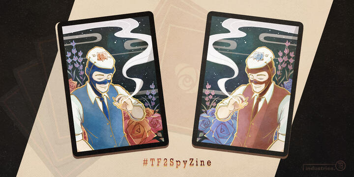 Promo graphic by TB (tangentburd) for a double-sided hanafuda-themed acrylic charm for the TF2 Spy zine "Intruder Alert". On either side, RED/BLU Spy is in a rose garden, smiling with his eyes closed.