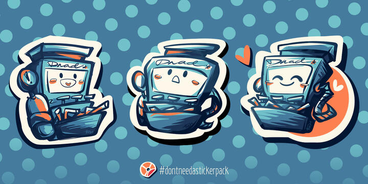 3 digital sticker designs by TB (tangentburd) of the Dispenser from TF2, set against a cheerful teal/orange polka-dotted background. They are drawn in a cartoony style with different facial expressions on its screen, and the word "Dnad" across its top.