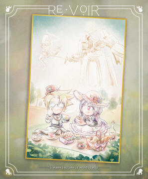 Promo graphic by TB (tangentburd) of a postcard designed for the "Re:Voir" Shaman King Zine. Postcard features the characters Marco Lasso and Iron Maiden Jeanne having a picnic, with their spirit partners Shamash and Gabriel having tea in the background.