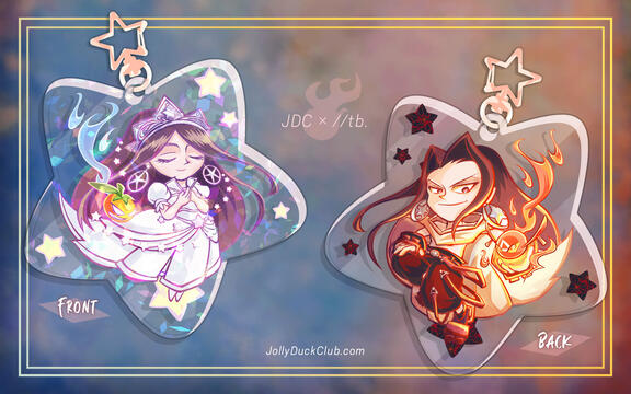 Promo graphic by TB (tangentburd) of the double-sided acrylic charm design for Jolly Duck Club Merch Mart, featuring Asakura Hao from Shaman King in a holographic finish. One side has him in his battle outfit; the other side has him as Princess Hao.