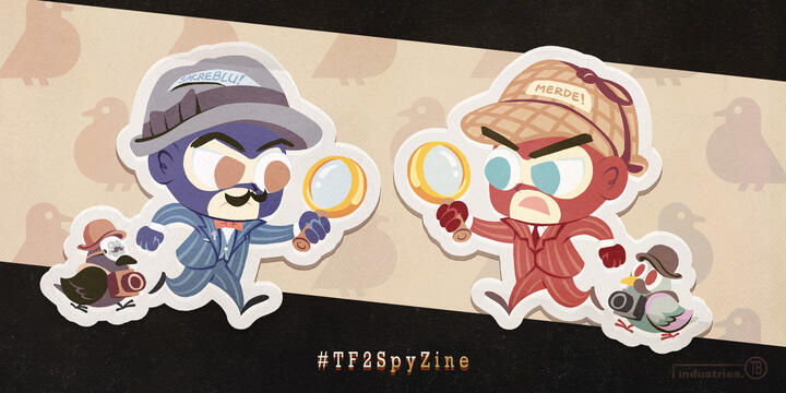 Promo graphic by TB (tangentburd) for a double-sided detective acrylic charm for the TF2 Spy zine "Intruder Alert". One side has RED Spy as Sherlock Holmes with a pigeon in disguise; the other side has BLU Spy as Hercule Poirot with a crow in disguise.